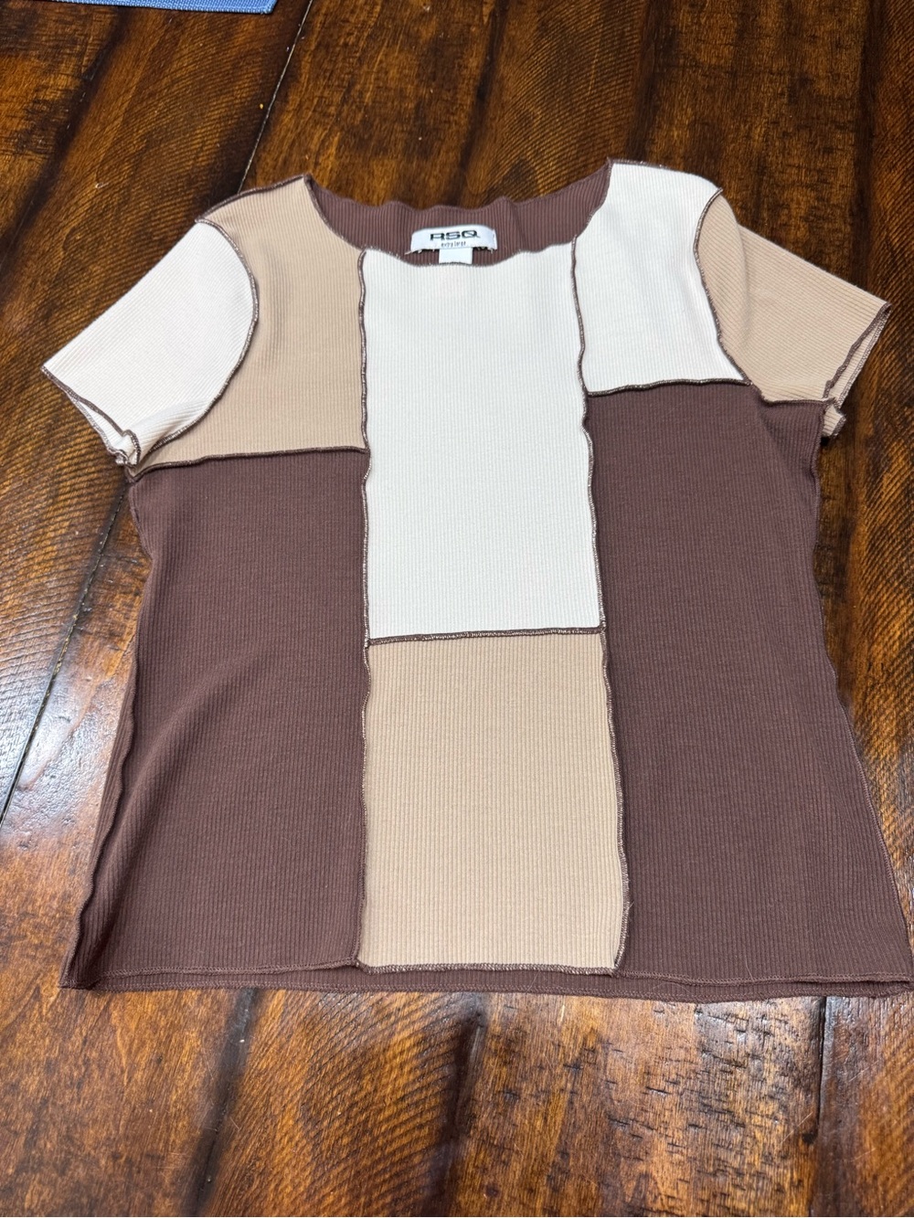 RSQ Brown, Cream & Tan Patchwork Short Sleeve Top